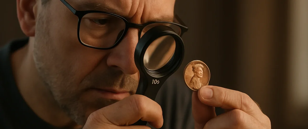 A middle-aged man examines a penny through a 10x magnifying glass under soft side lighting.