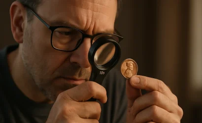 A middle-aged man examines a penny through a 10x magnifying glass under soft side lighting.