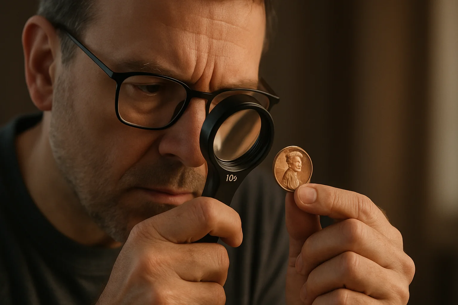 A middle-aged man examines a penny through a 10x magnifying glass under soft side lighting.