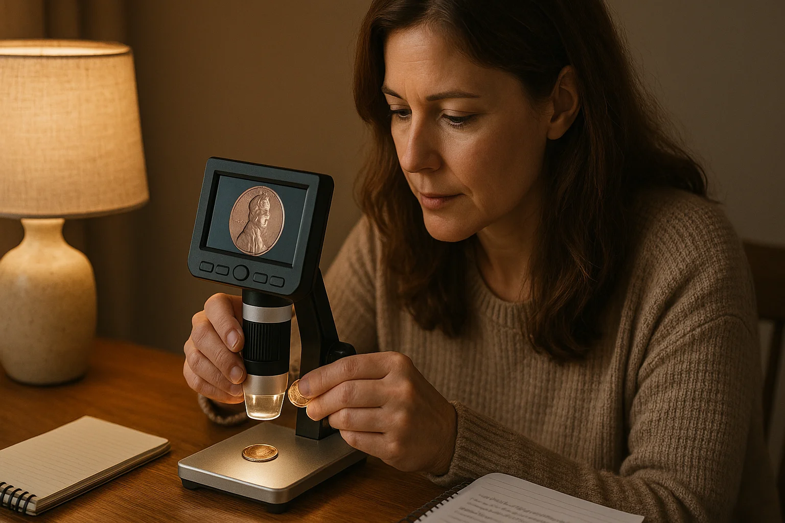 A woman in a cozy room studies a coin using a digital microscope, surrounded by warm light and handwritten notes, blending technology with passion for detail.