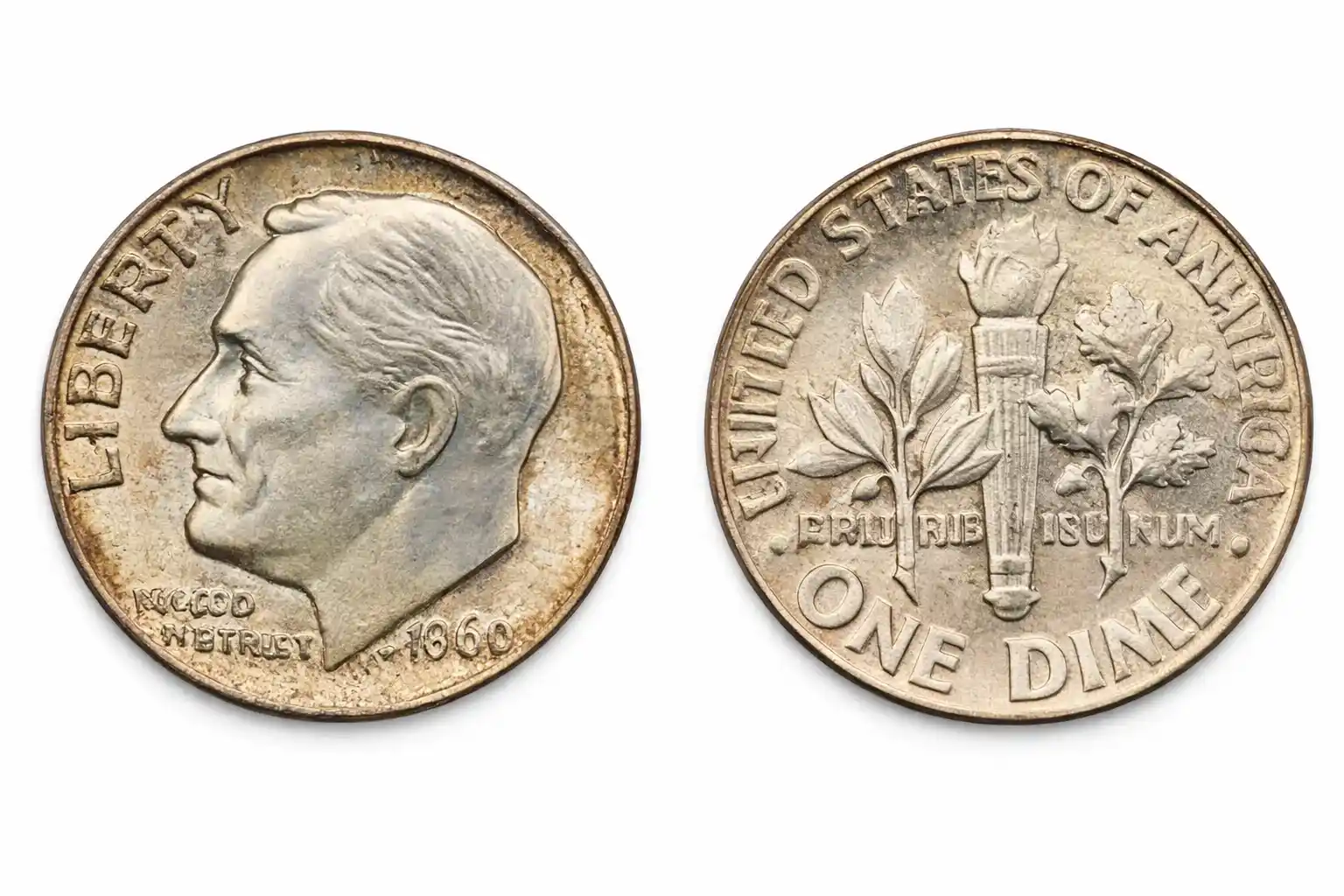 Obverse and reverse of a 1960 Roosevelt dime.