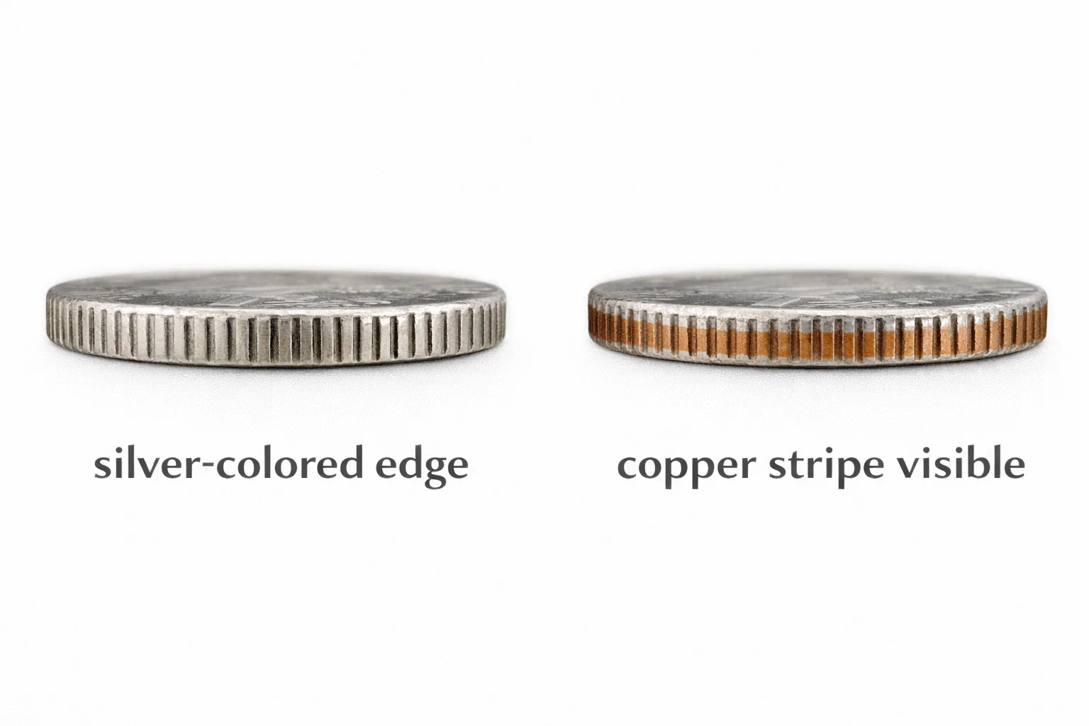 Coin edge comparison showing silver edge and copper stripe.